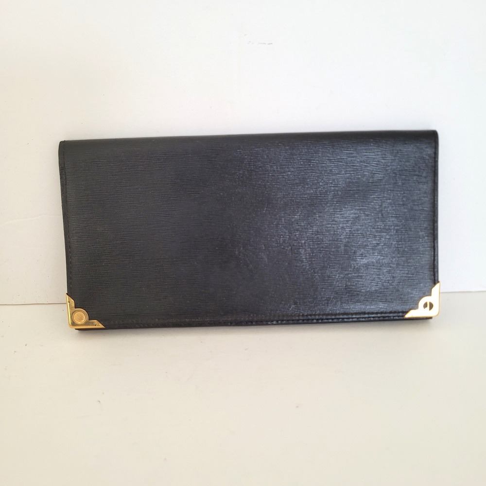 Dunhill London Black Textured Leather Long Wallet Gold Corners Made in England